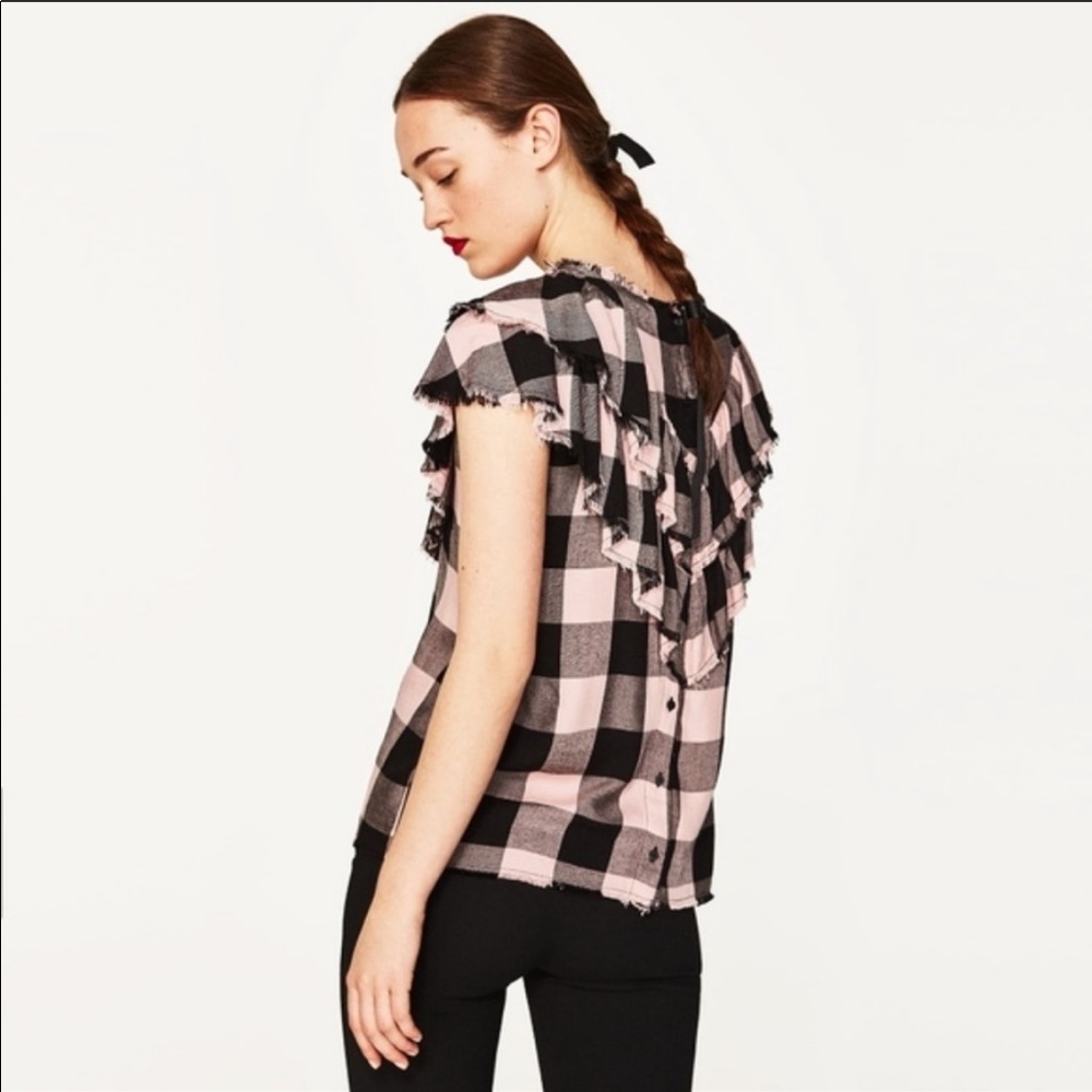 ZARA Pink Checked Ruffled Blouse